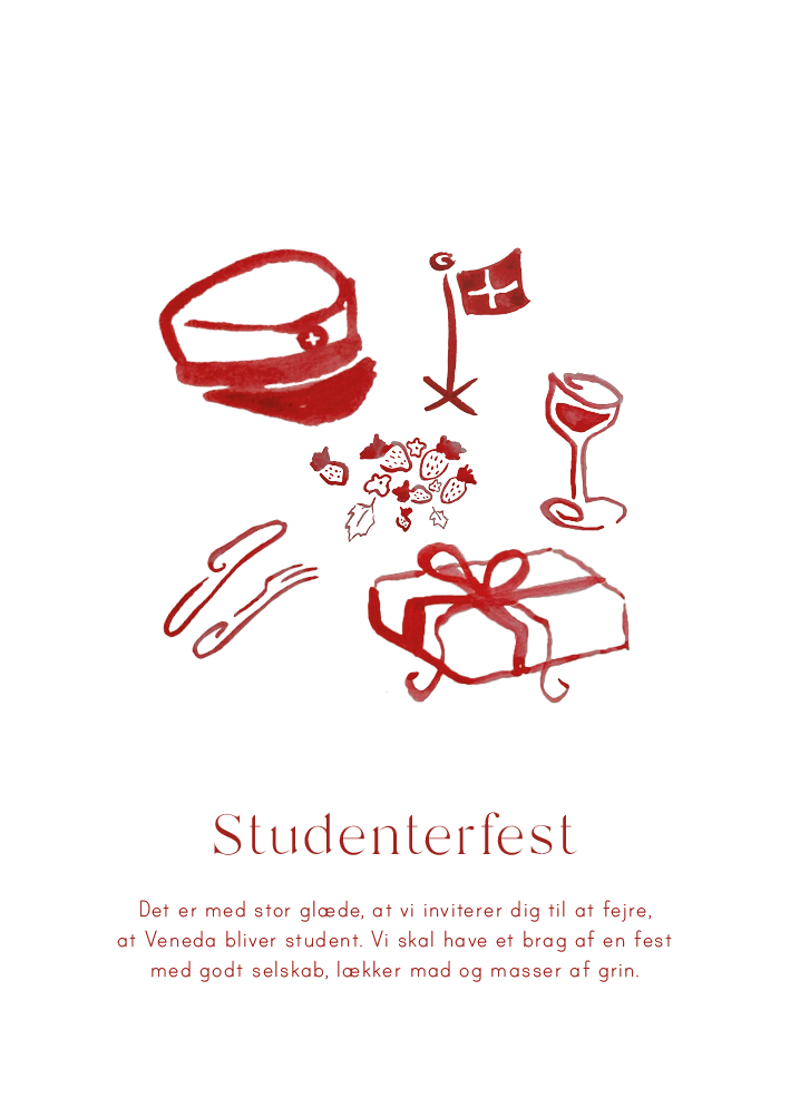 
                Sæt scenen for den store studenterfest med en invitation med røde håndmalede akvarelmotiver. At blive student fortjener et brag af en fest og er en stor milepæl for studenten. En invitation, der afspejler den skønne studentertid samtidig med, at den er personliggjort med eget indhold, bidrager til en helstøbt fest, som gæsterne kan glæde sig til. Studenterinvitationen fra STX-studenten kan være starten på den røde tråd til din fest, hvor matchende bordkort, velkomstskilt og meget mere kan skabe en helstøbt stemning på dagen.                